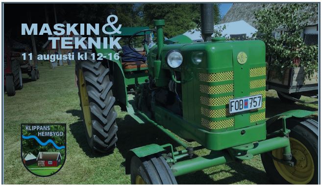 Bild på en grön traktor och texten Maskin & Teknik 11 augusti kl 12-16 