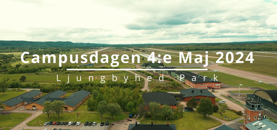 Drönarbild som visar campusområdet och texten Campusdagen 4:e maj 2024 Ljungbyhed Park.