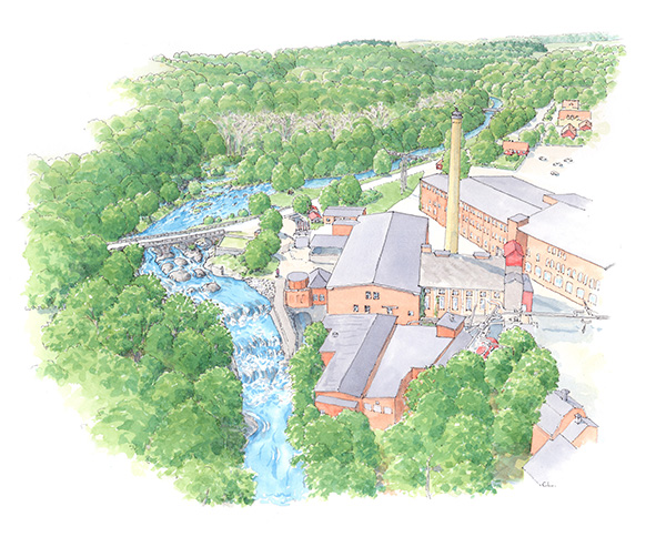 Illustration över hur ån kommer se ut vid Klippans pappersbruk efter utrivningen av kraftverket
