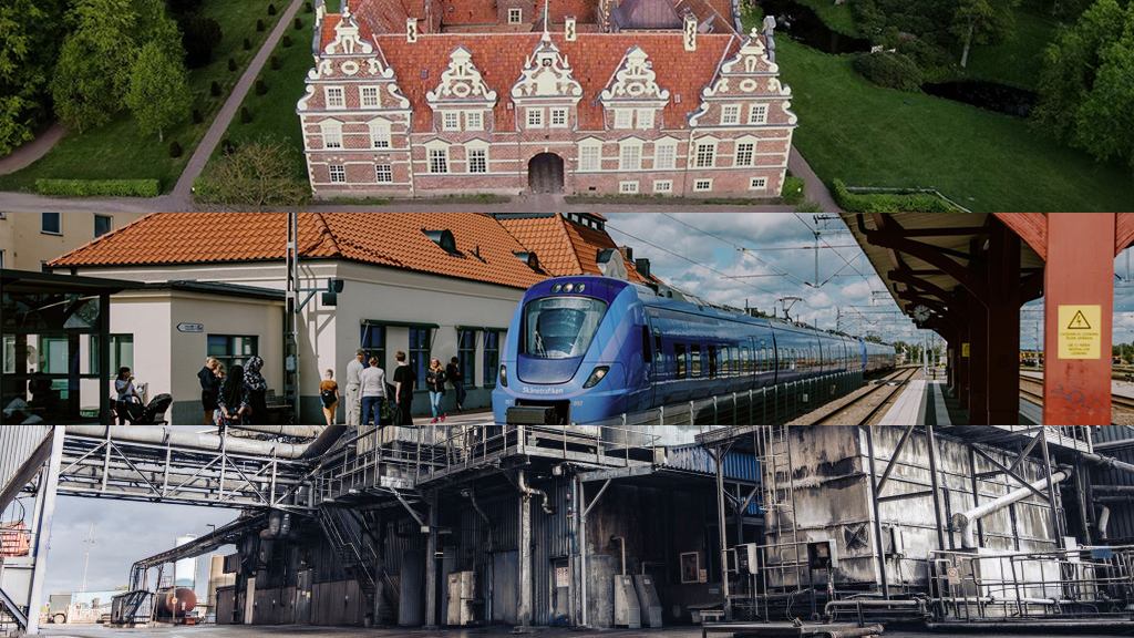 Bildkollage med tre bilder. Överst bild från stationen i Åstorp, I mitten bild på Vrams Gunnarstorps gods. Nederst bild från Befesa.