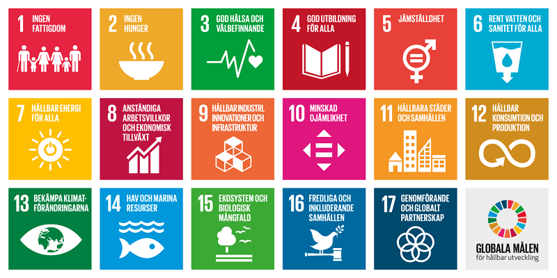 Illustration av 17 av de globala målen i FN:s agenda 2030