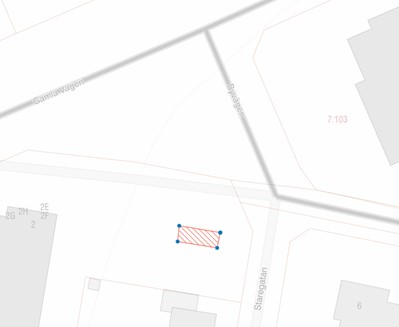 Karta visandes gruslåda i Östra Ljungby - Byvägen (parkeringen vid äldreboendet Ljungåsen)