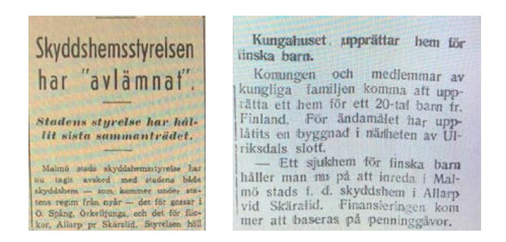 Tidningsurklipp från tiden då skyddshemmet övergick i statlig regi. I texten står också att Kungahuset har upprättat ett hem för finska barn på före detta skyddshemmet under 1942. 