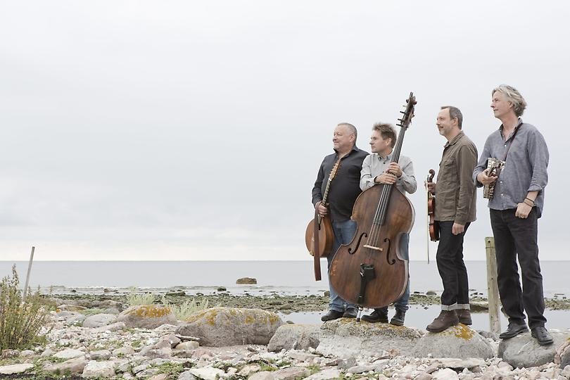 Fyra manliga musiker står på en strand. De håller i varsitt instrument.