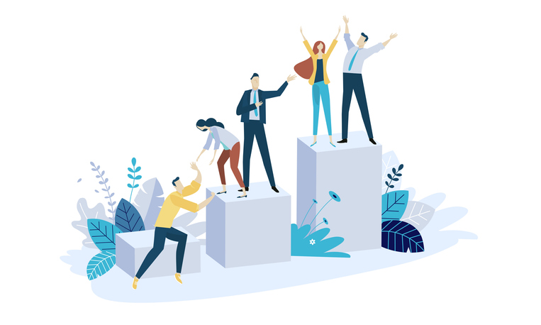 Illustration av människor som hjälper varandra klättra upp på block i gllädje.
