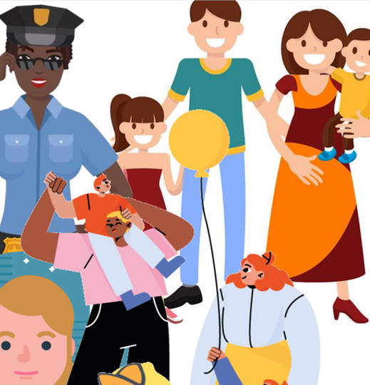 Illustration på glada människor i grupp med föräldrar och barn samt en glad polis.