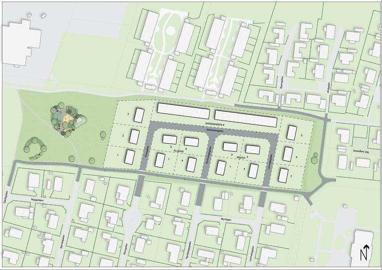 Ritning över nya bostadsområdet på Älvdalen. På ritningen ser man hur villatomterna ska ligga och hur gatan ska byggas.