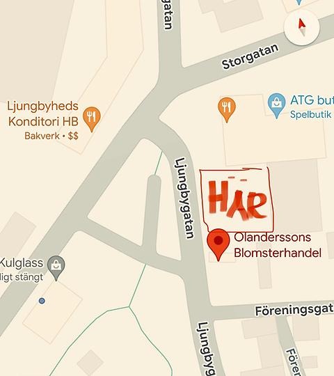 Karta som visar Ljungbygatan i Ljungbyhed. Plats intill Olanderssons Blomsterhandel markerar var loppisen ska vara.