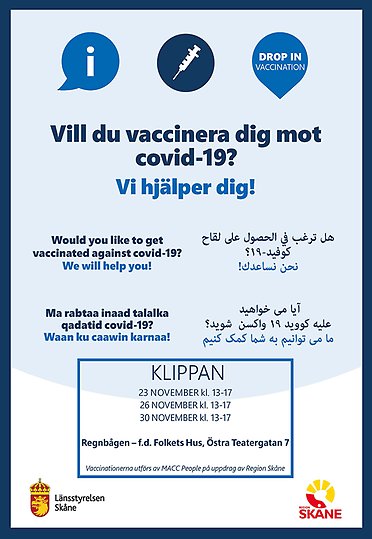 Bild med information om dropin-vaccination mot covid-19 i Klippan