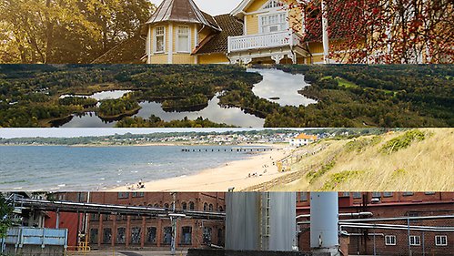 Bildkollage med fyra bilder. Överst bild på Röstånga villa. Sedan bild från Gustafsborg. Sedan bild på Klitterhus strand. Nederst bild på Klippans pappersbruk.