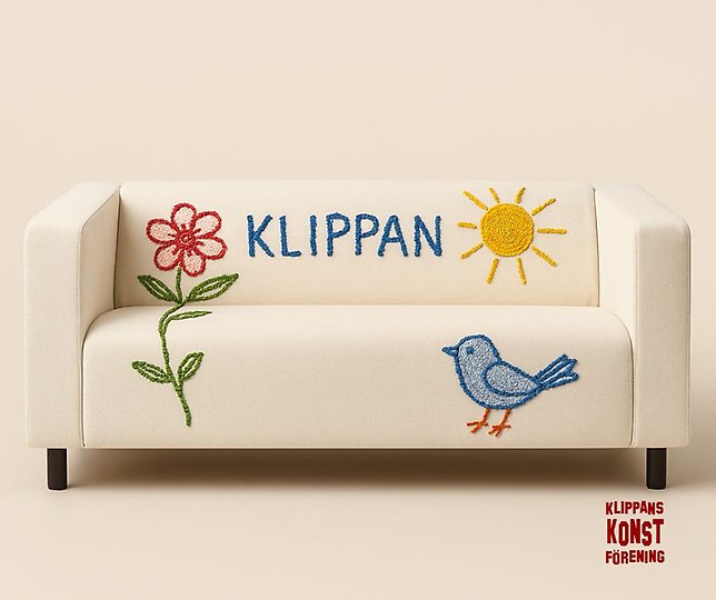 En klippansoffa med broderade pynt och konstföreningens logotyp.