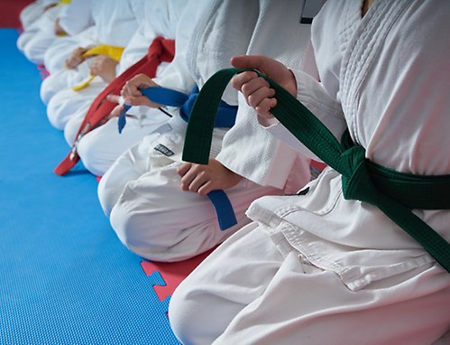 Taekwondo elever med olika färger på bälten sitter på knäna i en träningslokal.