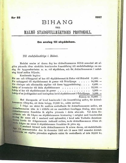 Bild på bihang till Malmö stadsfullmäktiges protokoll om anslag till skyddshem från 1907
