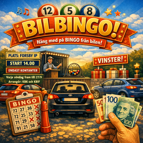 Tre bilar framför bingoutropare och en skylt med bilbingo-Häng med på bingo från bilen.